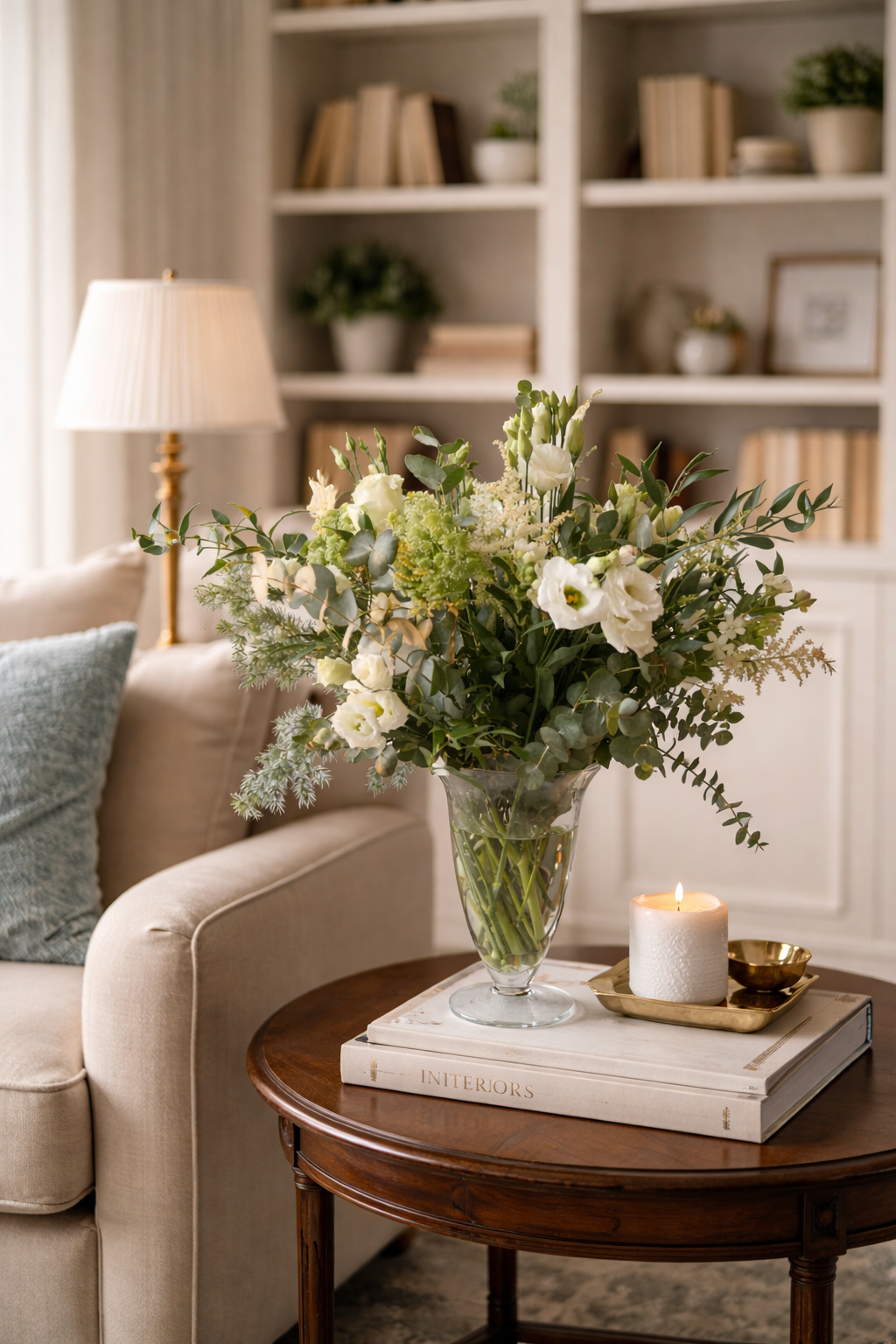 Cristal con verdes y variedad de flor blanca